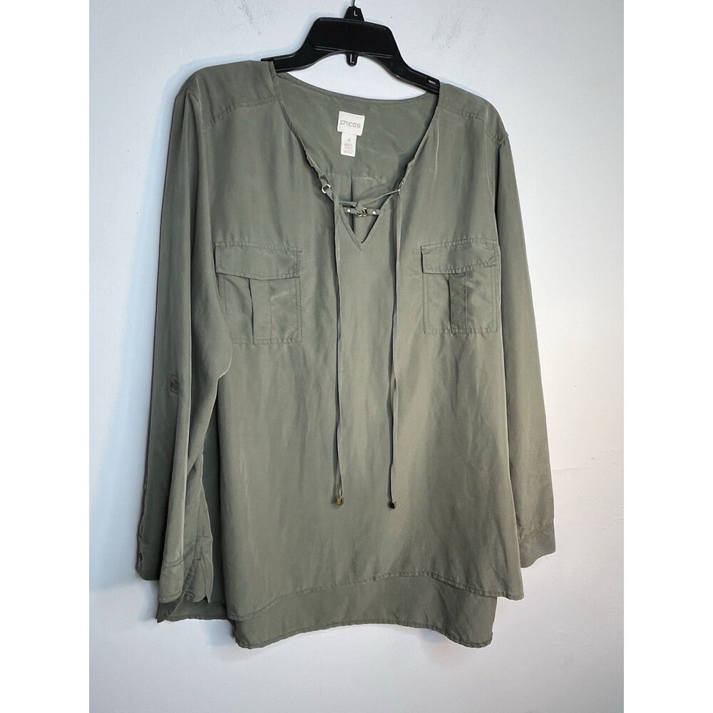 Chicos Sz 4 XXL Olive Green Long Sleeve  Top Blouse (16)